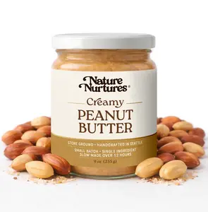 Creamy Peanut Butter · 100% Peanuts · Single Ingredient · No Fillers · Raw · Stone Ground for 12 Hours · Small Batch · Handcrafted in USA · High Protein · 100% Pure & Natural · No Added Sugar · No Palm Oil · Packed in Glass Jar · 9 oz (255 g)