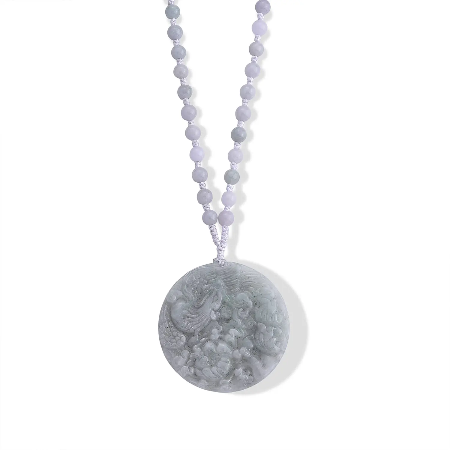 Natural Jade Carved Phoenix Rebirth Pendant with Beaded Necklace (26 Inches) in Sterling Silver 230.00 ctw