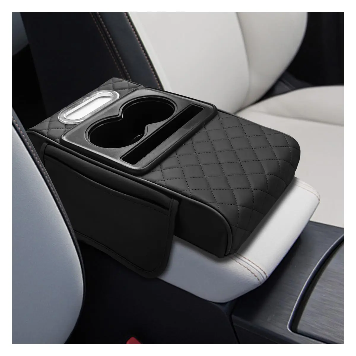 Car armrest storage bag, multi-functional 4-in-1 mat, suitable for car armrests, car storage bags, car center console organizers, and includes cup holders and phone holders, ideal for long-distance driving trips.