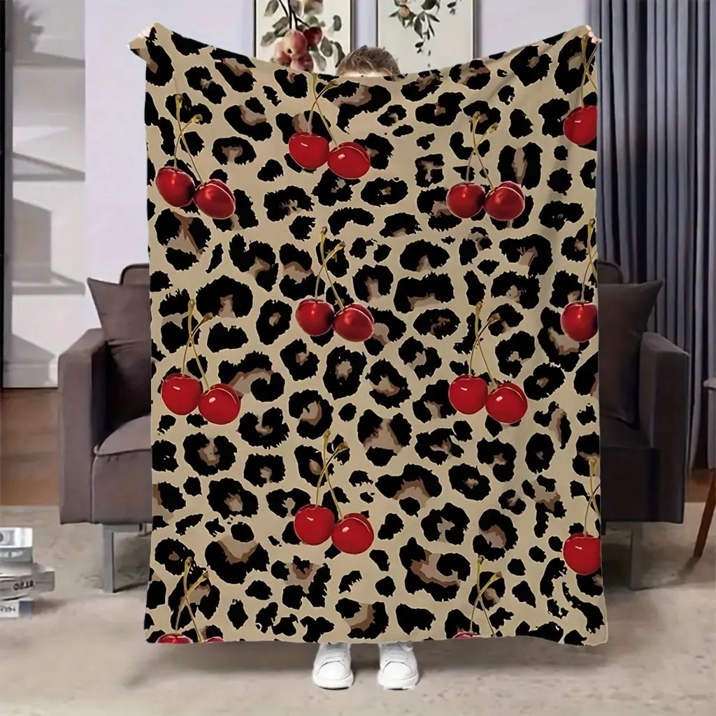 Leopard print cherry blossom printed velvet blanket - Ultra-soft all-season throw for sofas, beds, travel and home decor - Machine washable comfortable gift Bold animal print and red cherries