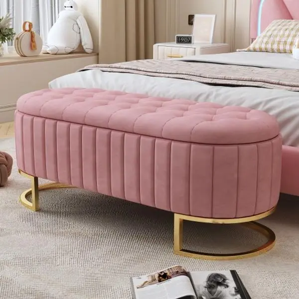 Bellemave Elegant Upholstered Velvet Storage Ottoman with Button-Tufted Design, Metal Legs, Fully Assembled for Bedroom, Living Room, Beige Multipurpose Furniture