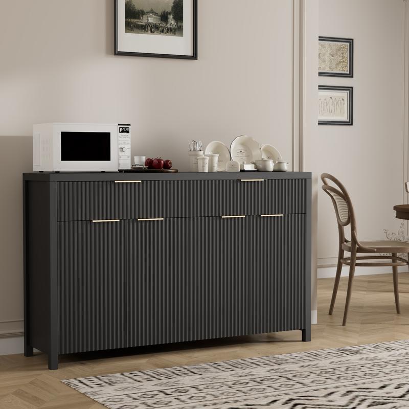 Aowos Modern Fluted Sideboard, Sideboard Cabinet, Wooden Dresser for Bedroom with 2 Wide Drawers, Entryway Table, 55" Buffet Cabinet with 2 Adjustable Shelves, Storage Cabinet for Dining Room, Entryway, Kitchen