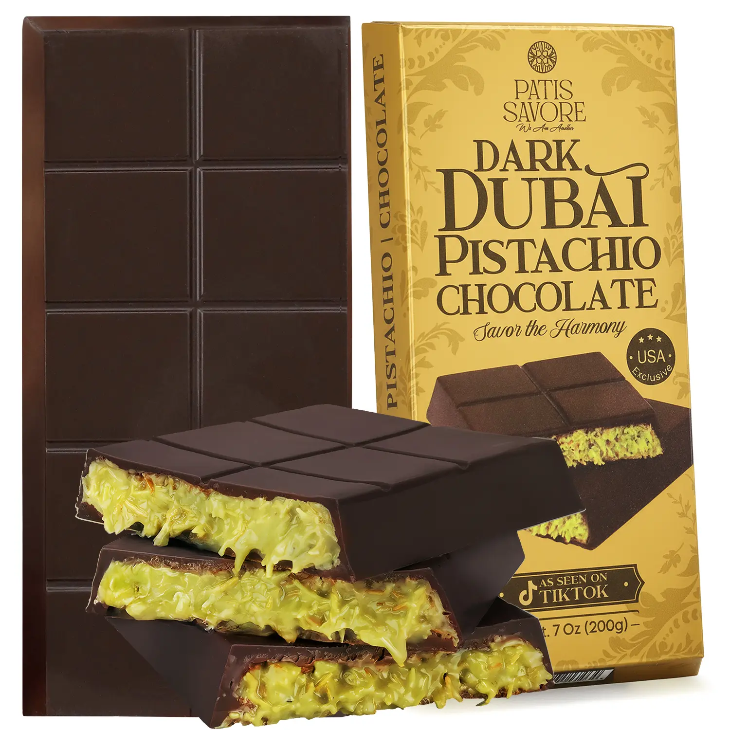 Dubai Dark Chocolate Bar | Crispy Knafeh Pistachio Bar | 7oz | Kunafa Chocolate Delight | Crunchy Bar with Rich Pistachio Kunafe Filling | Gourmet Dessert Gift | by Patis Savore | TikTok