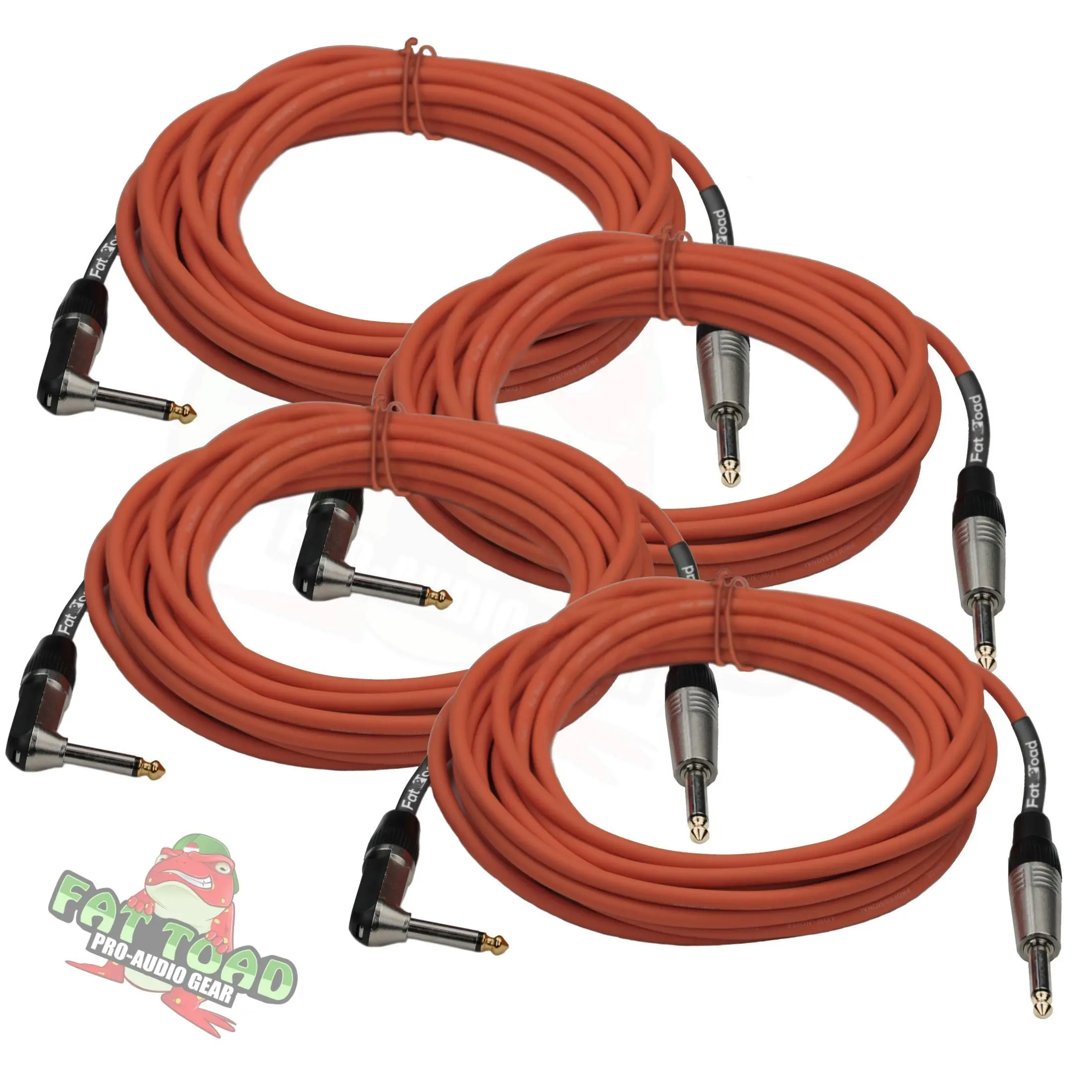 Guitar Cords (4 Pack) Right Angle Instrument Cable by FAT TOAD | 20FT 1/4 Inch Straight-End Wires for Electric Guitar, Bass, Keyboards & Music Sound Recording Studio | Shielded 24 AWG Patch Conductor