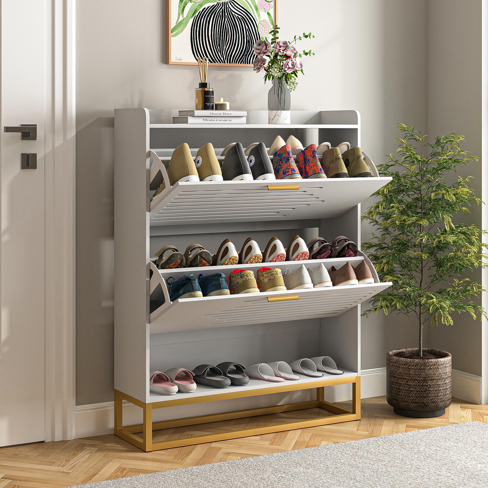 Freestanding Shoe Storage Cabinet With 2 Flip Drawers and Shelf , Wood Slim Shoe Cupboard Organizer Unit For Entryway, Hallway And Corrido, White