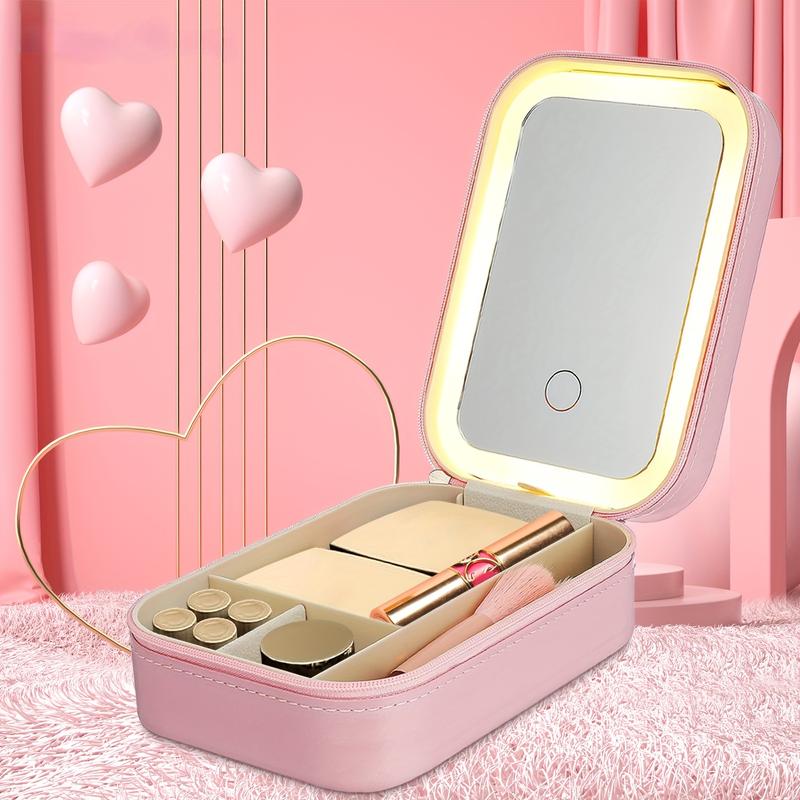 Makeup Bag with Mirror and Light Travel Makeup Train Case Cosmetic Bag, LED Makeup Mirror Case with 3 Adjustable Color Light Settings, Dust-Proof Jewelry Box, Mini Cosmetic Train Case