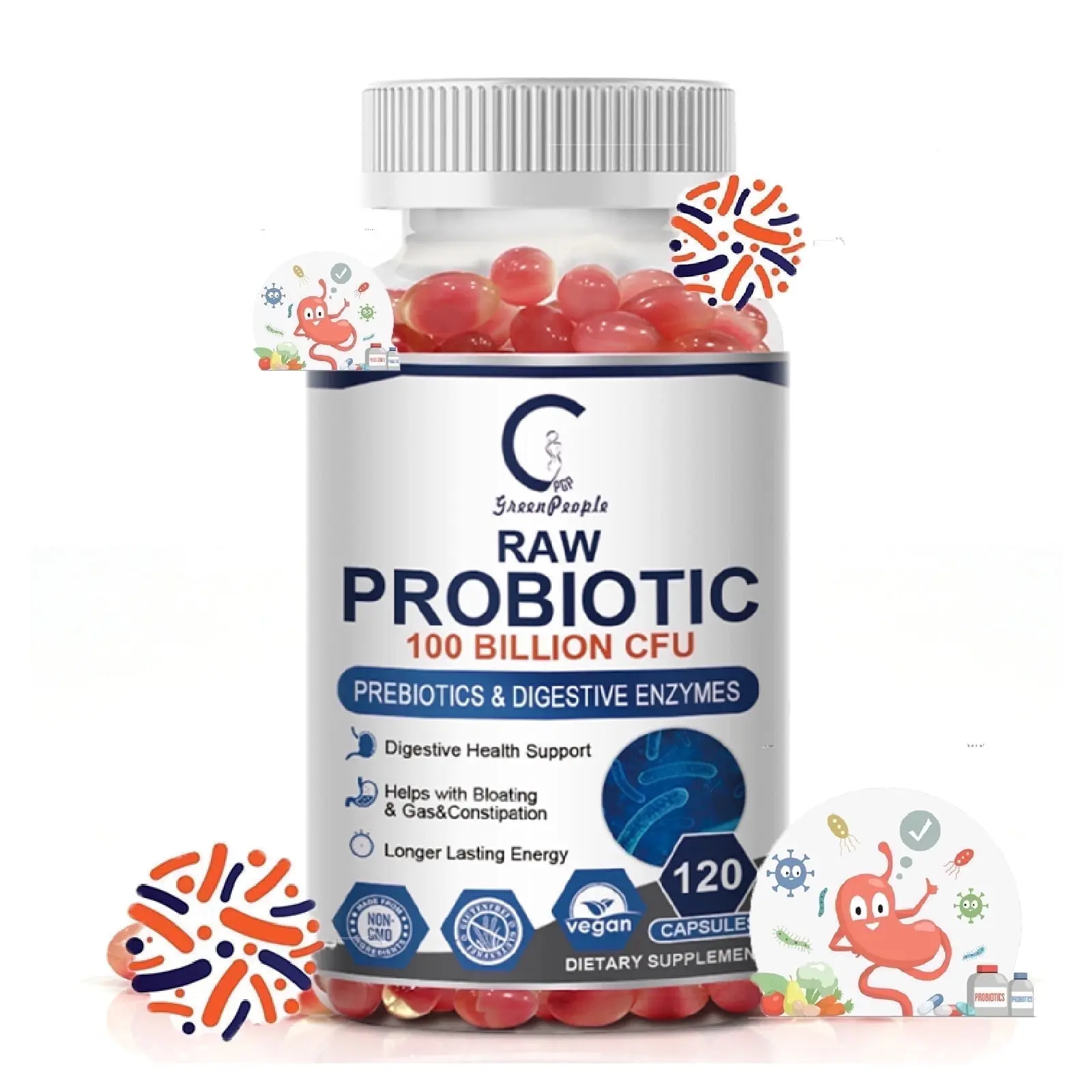 Greenpeople 100 Billion CFU Probiotics , with Digestive Enzymes; Probiotics for Women & Men; 120 Capsules