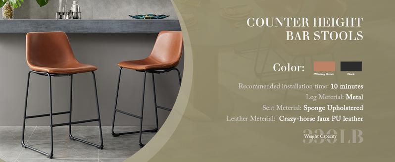 Counter Height Bar Stools, 26 inch Dining Chairs with Metal Legs and Footrest, Modern Faux Leather Barstools for Kitchen Island