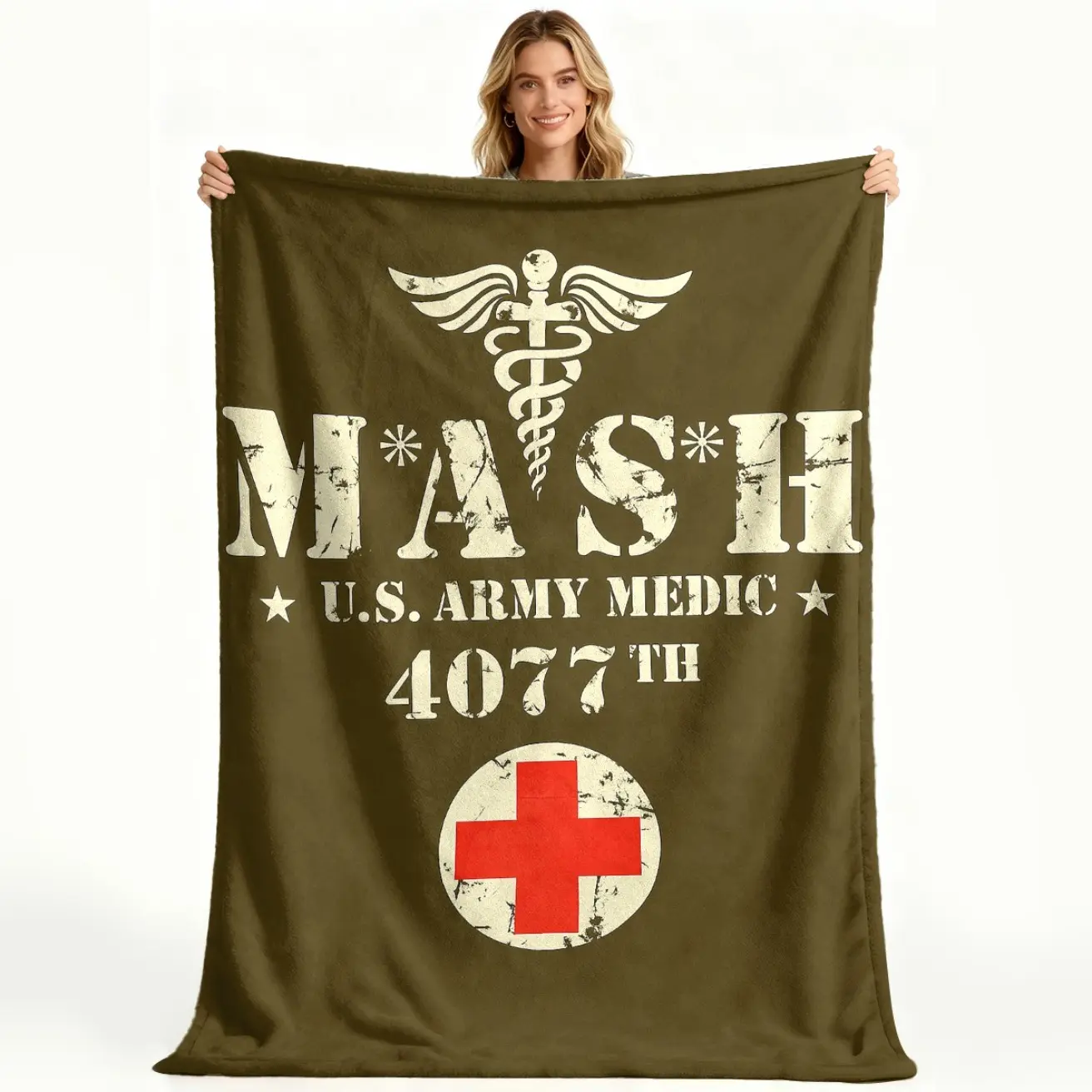 4077Th U.S. Army Medical Corps - A Patriotic Green Blanket Featuring a Stethoscope And Red Cross Design, Made of Soft Polyester, Ideal for Home Decoration, Camping, Picnics, And Various Other Uses  Warm Haven Textiles