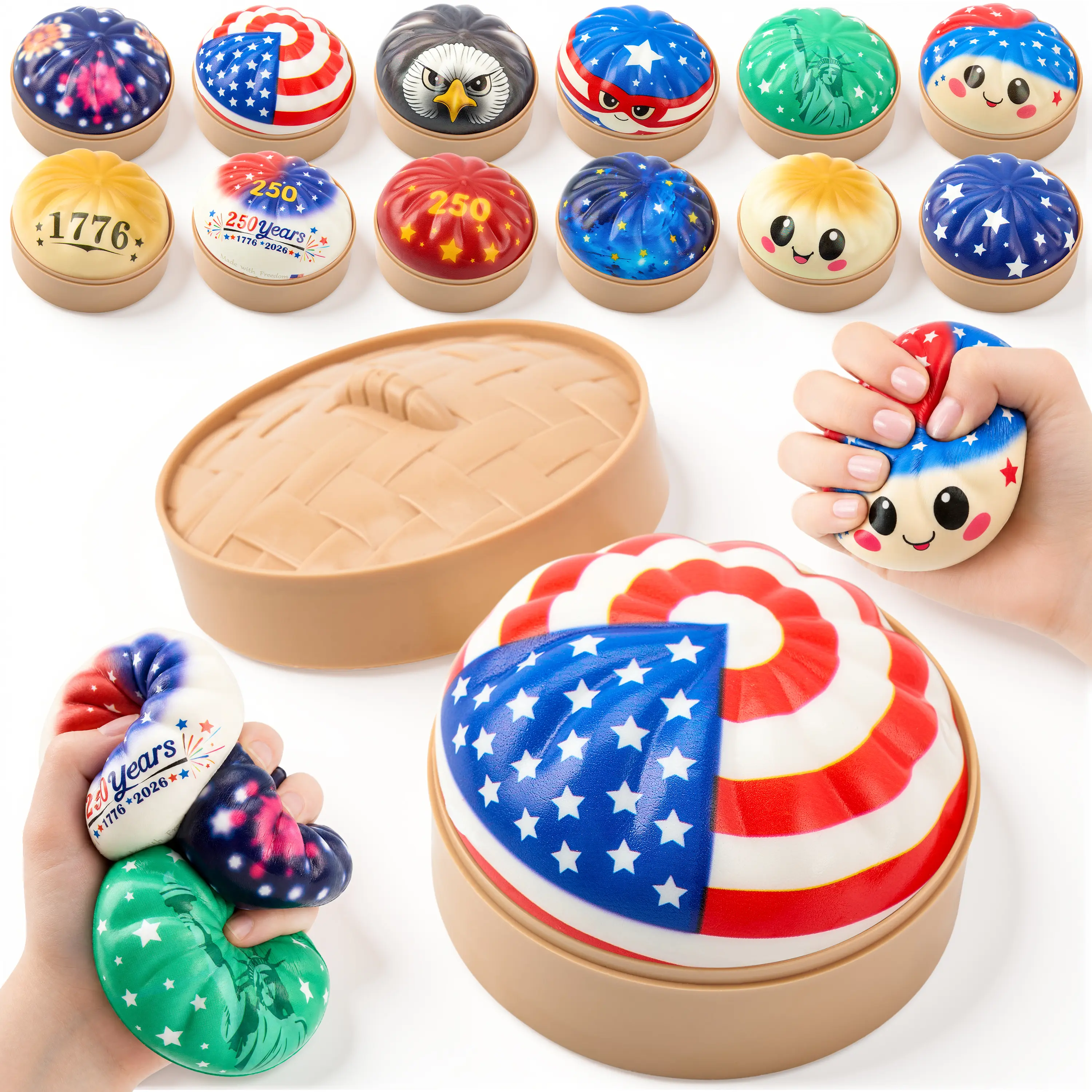 JOYIN Patriotic Dumpling Stress Relief Toy, USA American-Themed Mystery Box, Colorful Steamed Bun Stress Relief Balls with Steamer Box, Anxiety Relief Fidget Sensory Toy, Soft Squeeze Decompression Dough for Adults Gifts, Party Favors, Office Desk Decor