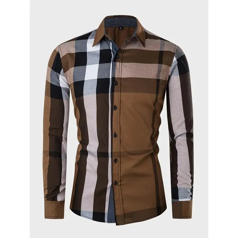 Men's 100% Cotton Classic Checked Long-Sleeve Button-Down Shirt - Menswear Casual Top with Chest Pocket (Sports & Outdoor Accessory)