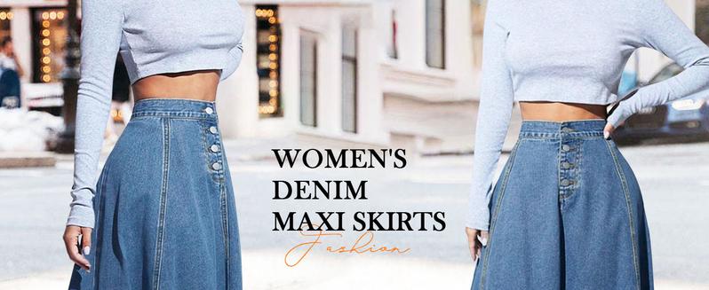 【New Arrival】Ebossy Women's Retro High Waisted Button Fly Flared Long Jean Skirts Pleated Flowy Swing A-line Denim Maxi Skirts