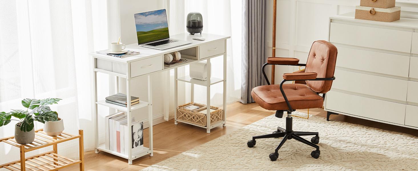 【Deal】Computer Desk Small Home Office Bedroom Writing Study PC Table with Storage Space Fabric Side Bag Headphone Hook Metal Frame Adjustable Feet