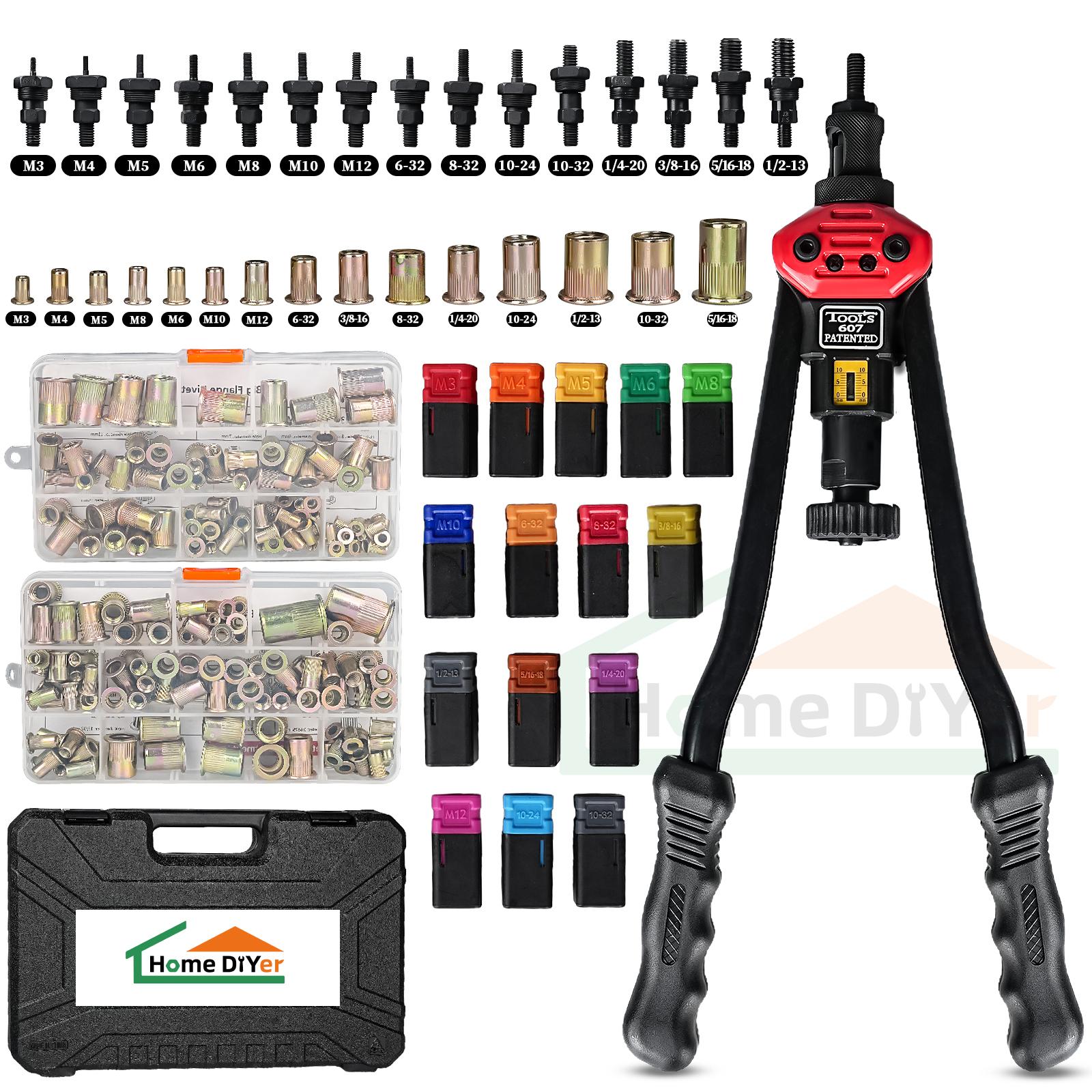 Rivet Nut Tool Kit, 16-Inch Rivnut Tool with 15 Metric & SAE Mandrels and Rivet Nut Gun, 200pcs Rivnut Tool Kit Assortment, Nutsert Tool Kit with Carrying Case