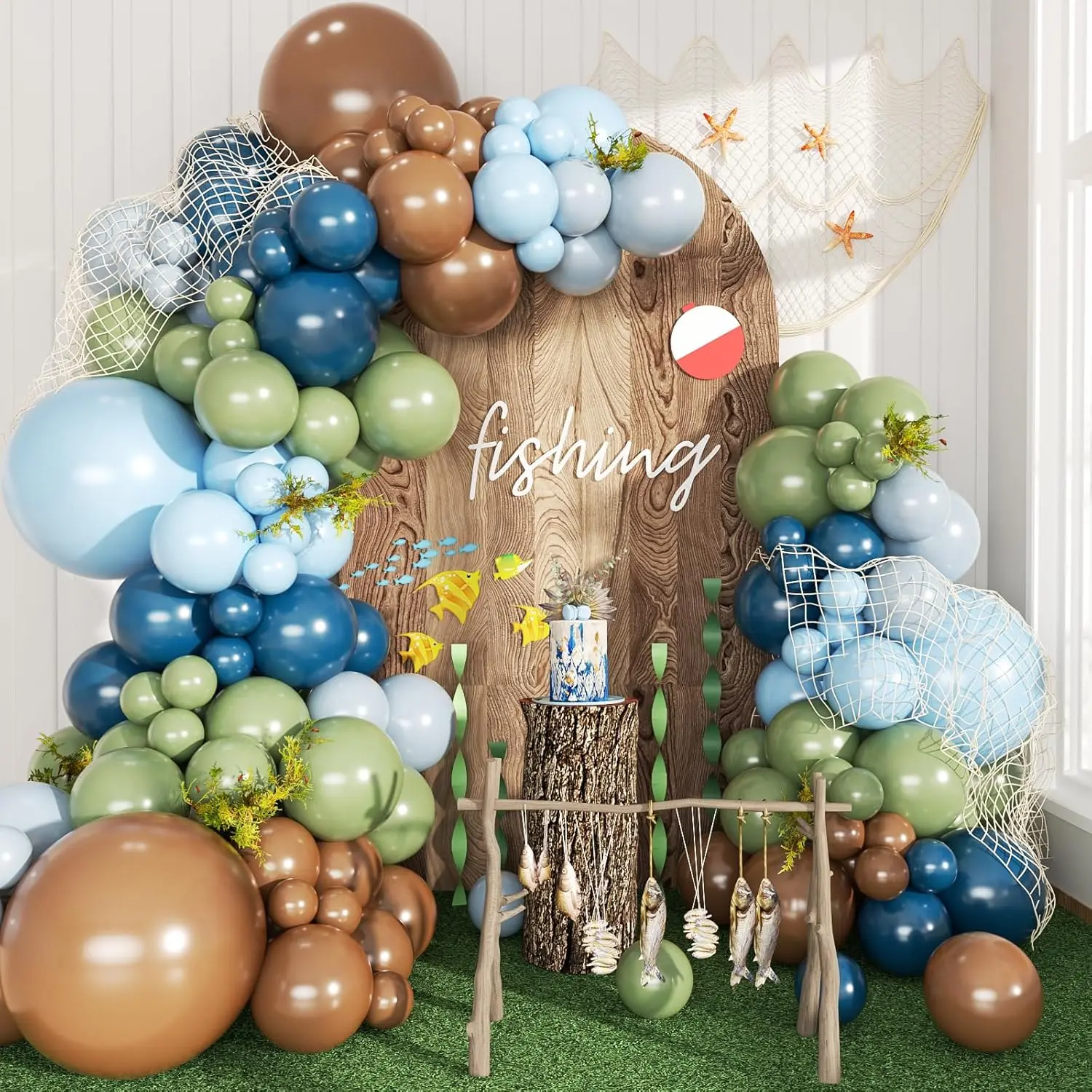 149-Piece Fishing Theme Balloon Garland Kit with Blue, Sage Green & Brown Balloons for Parties