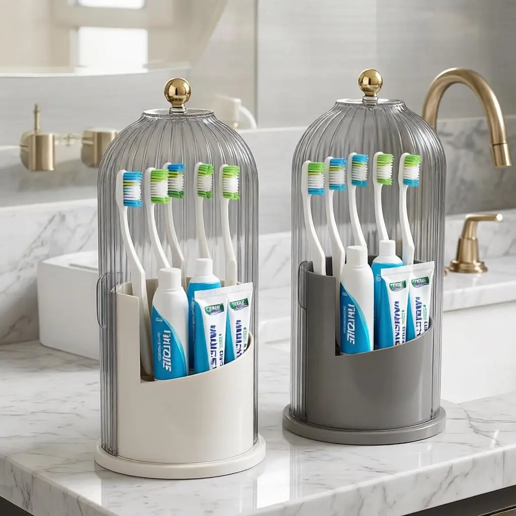 Tooth Brush Holder Organizer with Lid | 360° Rotating Clear Dustproof Storage Box | Bathroom Countertop Accessory | Compact & Versatile | Space-Saving | Aesthetic Vanity Decor | Dorm & Apartment Essentials | Hygiene & Organization