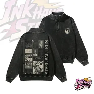 JoJo's Bizarre Adventure: Steel Ball Run themed design - Unisex Washed Cotton Zipper Retro Wash Hooded Sweatshirt