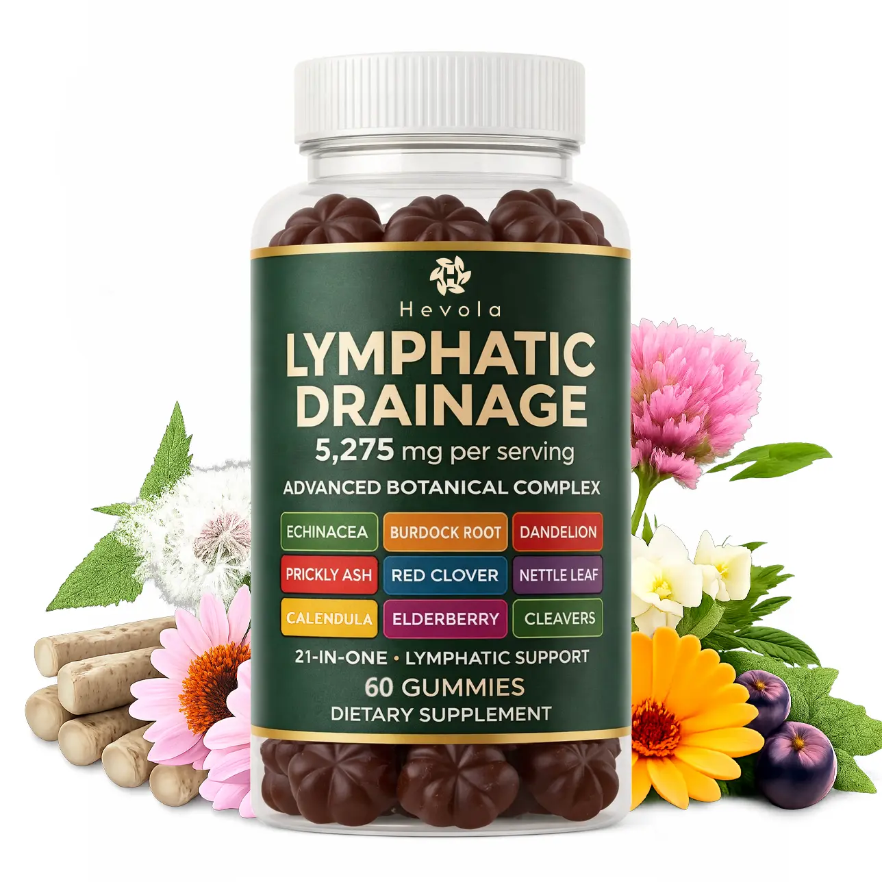 Lymphatic Drainage Dietary Gummies, 5275mg Health Support Supplement - 21-in-1 Herbal Extracts Blended Vitamins & Minerals with Echinacea, Dandelion, Burdock, Bromelain, Calendula, Turmeric - Edible Digestive Gummies for Adults, Lymphatic Drainage Product