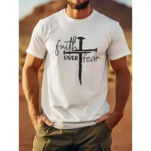 [FAITH OVER FEAR T-Shirt] Comfortable Breathable Short Sleeve T-Shirt - FAITH OVER FEAR Men'S Front Printed Casual Top For Summer, Spring And Fall