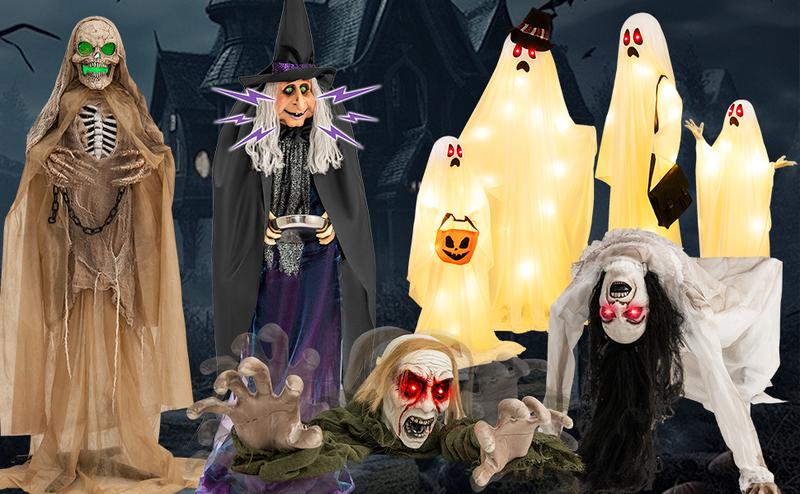 COSTWAY Halloween Animatronics, Sound & Button Activated, with Pre-Recorded Phrases, LED Glowing Red Eyes, Posable Head & Arms, Life Size Scary Decor, Ghost/Angel/Reaper/Witch/Greeter/Skeleton, Outdoor Yard Porch Decorations