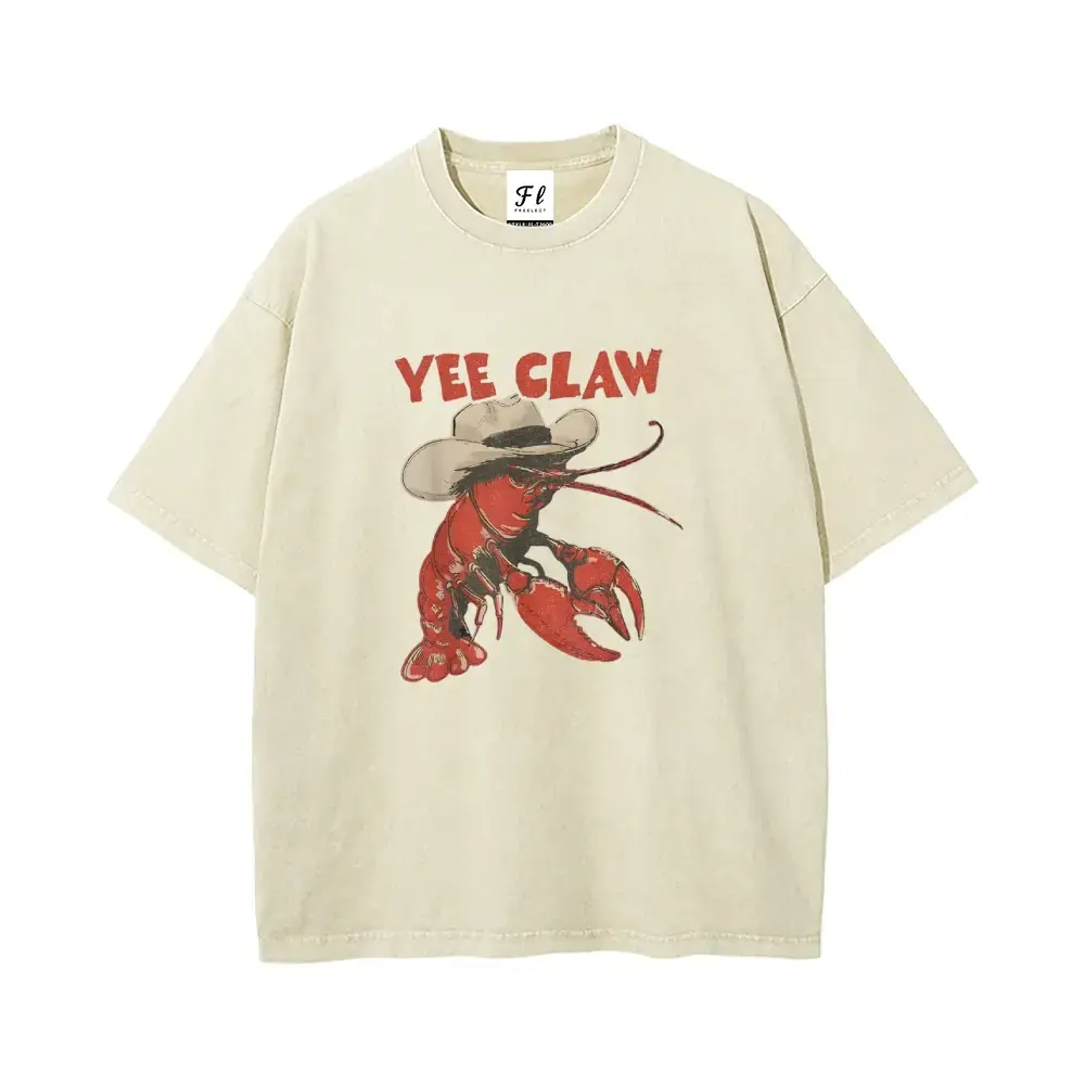 Men's Original Vintage Acid Wash Oversized Casual Cotton Short-Sleeve Tshirt - Funny Lobster Graphic, Retro Western Cowboy Crawfish Design, Breathable Menswear Biker Summer Top (Pair with Chunky Sneakers, Flare Bottoms)