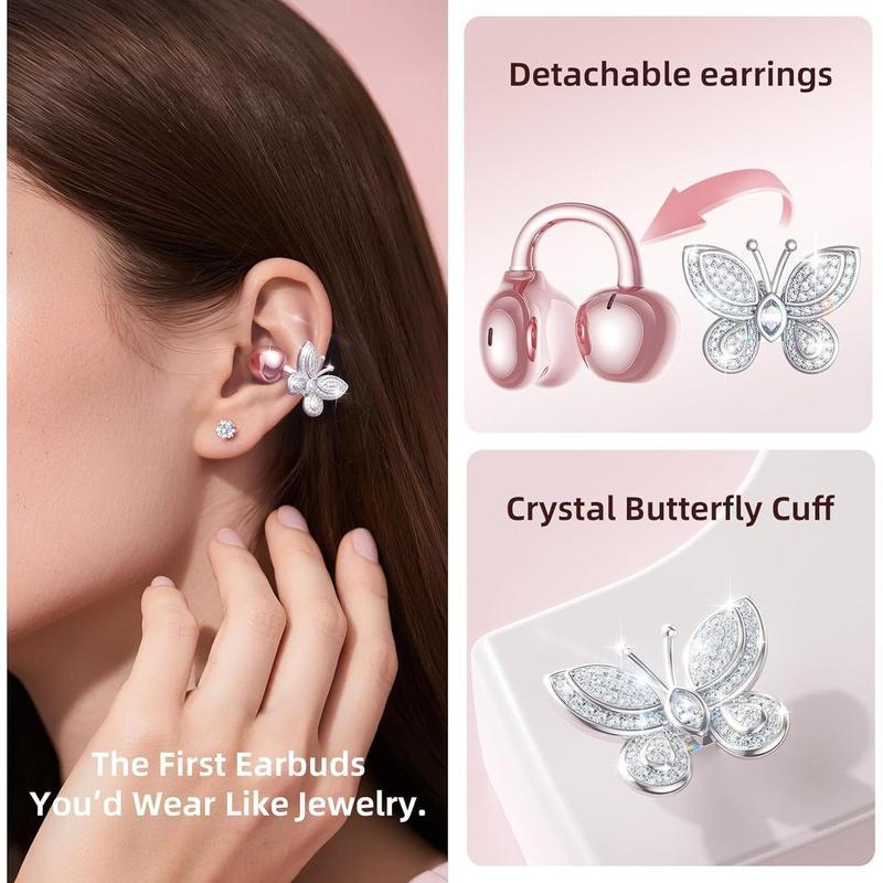 [Valentine's Day] Tukio 2026 Jewelry-Inspired Clip-On Earbuds with Butterfly Earrings Comfortable Fit 50H Playtime Bluetooth 5.4 Wireless Headphones for Women Sports Workouts