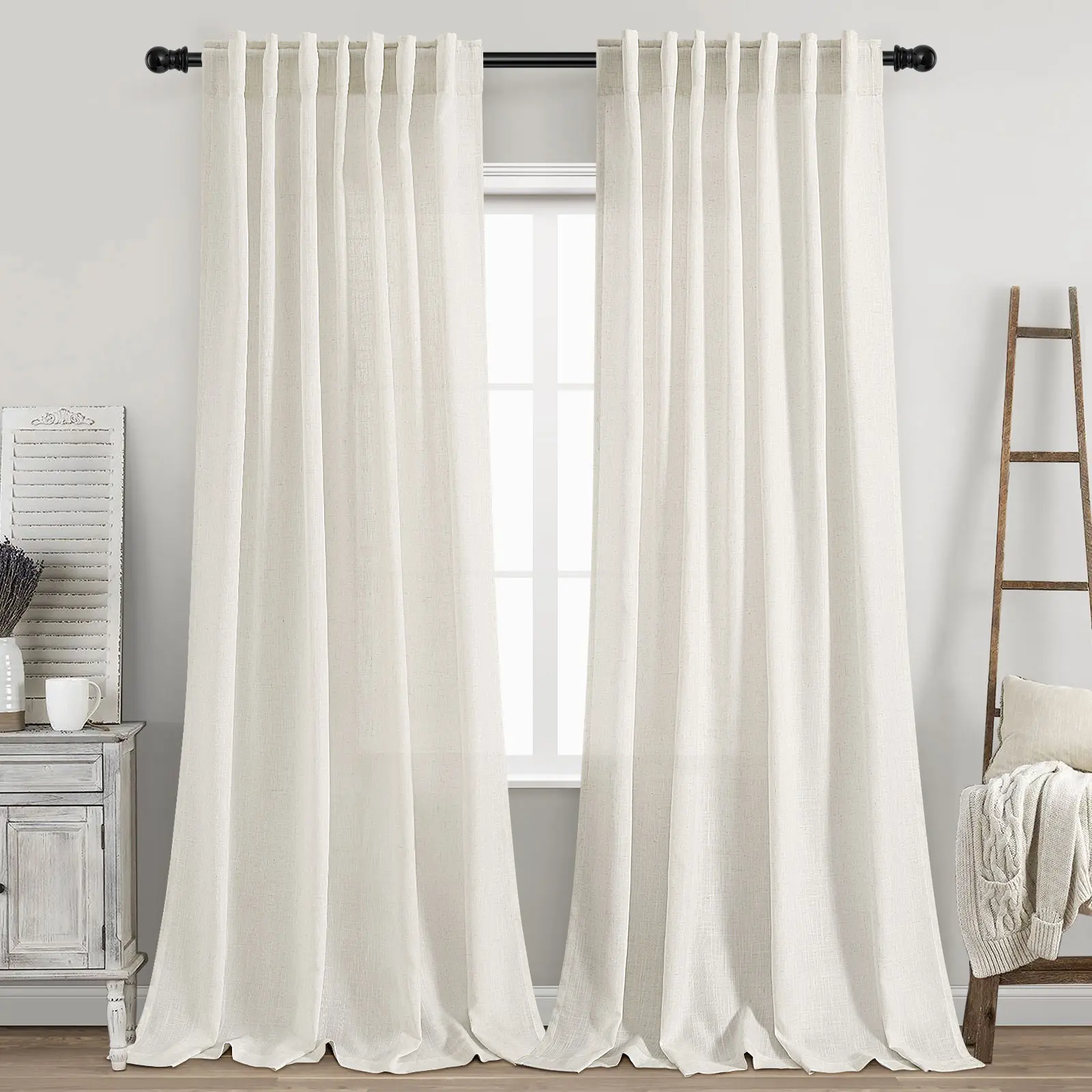 SPWIY Back Tab Rod Pocket Hanging Window Linen Curtains 2 Panels for Living Room Bedroom Neutral Boho Farmhouse Rustic Light Filtering Semi Sheer Curtains Window Treatment
