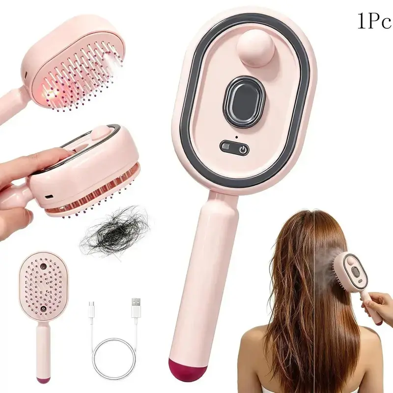 Unisex Pink Rechargeable Electric Steam Brush (Hair Tools) with Hydrating Mist, Air Cushion Comb - Red Light Therapy, Rubber Bristles for Frizz Control, Detangling (All Hair Types, 1 Unit), Rechargeable Steam