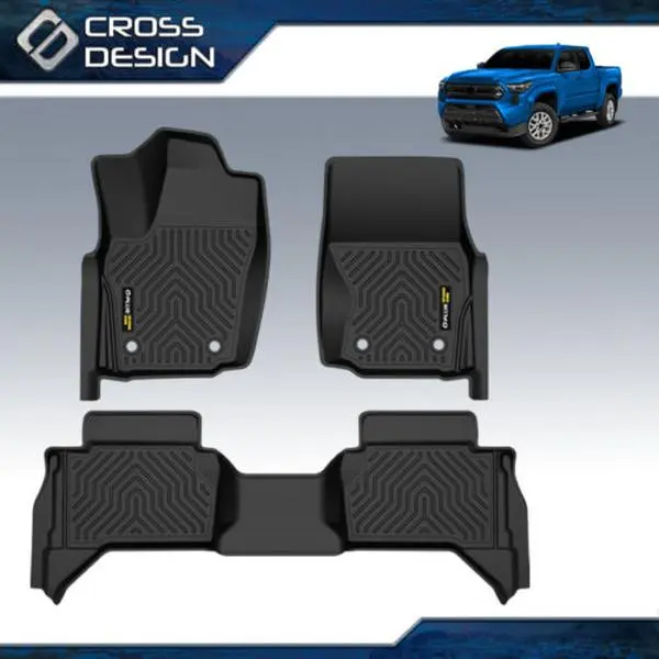 CROSSDESIGN TPE Floor Mats, 3pcs Black Anti-Slip Flooring, Precise-Fit Car Accessory for 2005-2025 Toyota Tacoma Double Cab Automatic, High-Quality Durable,Truck & Car Interior Accessories, Truck Accessories