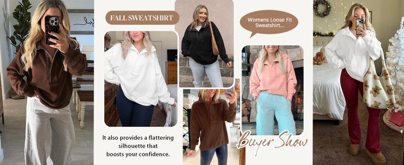 Fisoew Womens Oversized Sweatshirt Casual Snap Stand Collar Long Sleeve Pullover Tops Fall Travel Outfits Womenswear