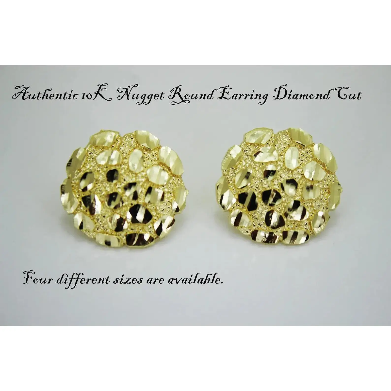 10K Soild Yellow Gold Nugget Round Diamond Cut Stud Earrings for Men Women
