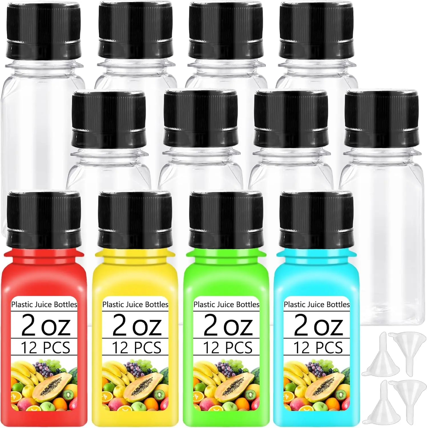 12 Pcs 2oz Small Shot Bottles with Black Caps,Plastic Ginger Shots Containers with 4 Funnels,Clear Empty Plastic Juice Bottles for Juice, Milk and Other Beverages