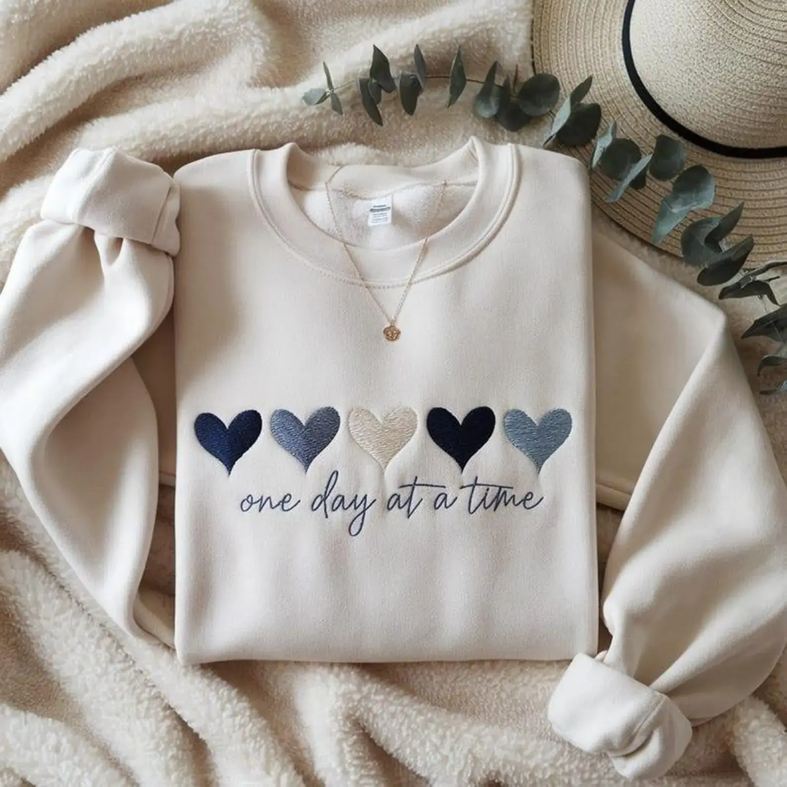 Embroidered One Day At A Time Design, Cute Hearts Design, Mental Health Awareness Design, Inspirational Design, Motivational Quotes
