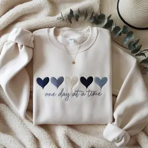 Embroidered One Day At A Time Design, Cute Hearts Design, Mental Health Awareness Design, Inspirational Design, Motivational Quotes