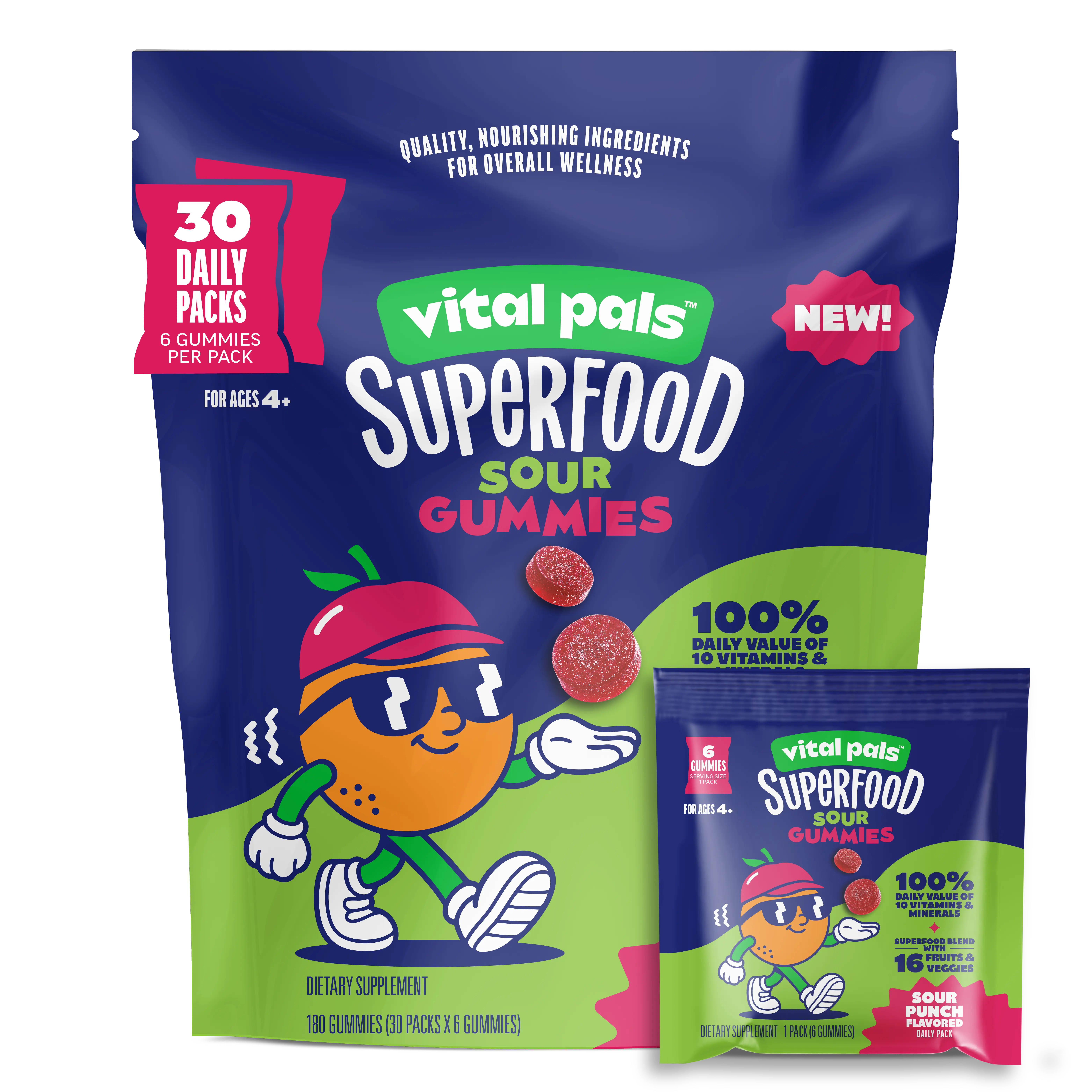 Vital Pals Superfood Sour Gummies, Sour Punch Flavor, 30ct Bag