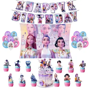 Korea Popular Movie Birthday Party Decorations Set  with Pink Backdrop, Banner, Balloons, Cake & Cupcake Toppers for Kids Boys Girls Anime Fans Korea Popular Music Birthday Gifts