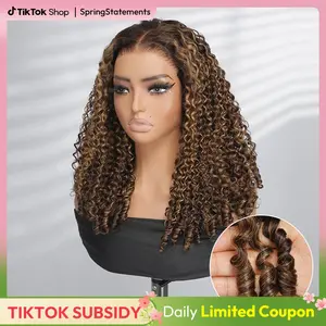 [NEW IN] West Kiss Glueless Hightlight Human Hair Wigs P4/27 Highlight Burmese Curly 7x4 Lace Closure Wigs With Drawstring Pre Plucked Hairline Hair SpringStatements