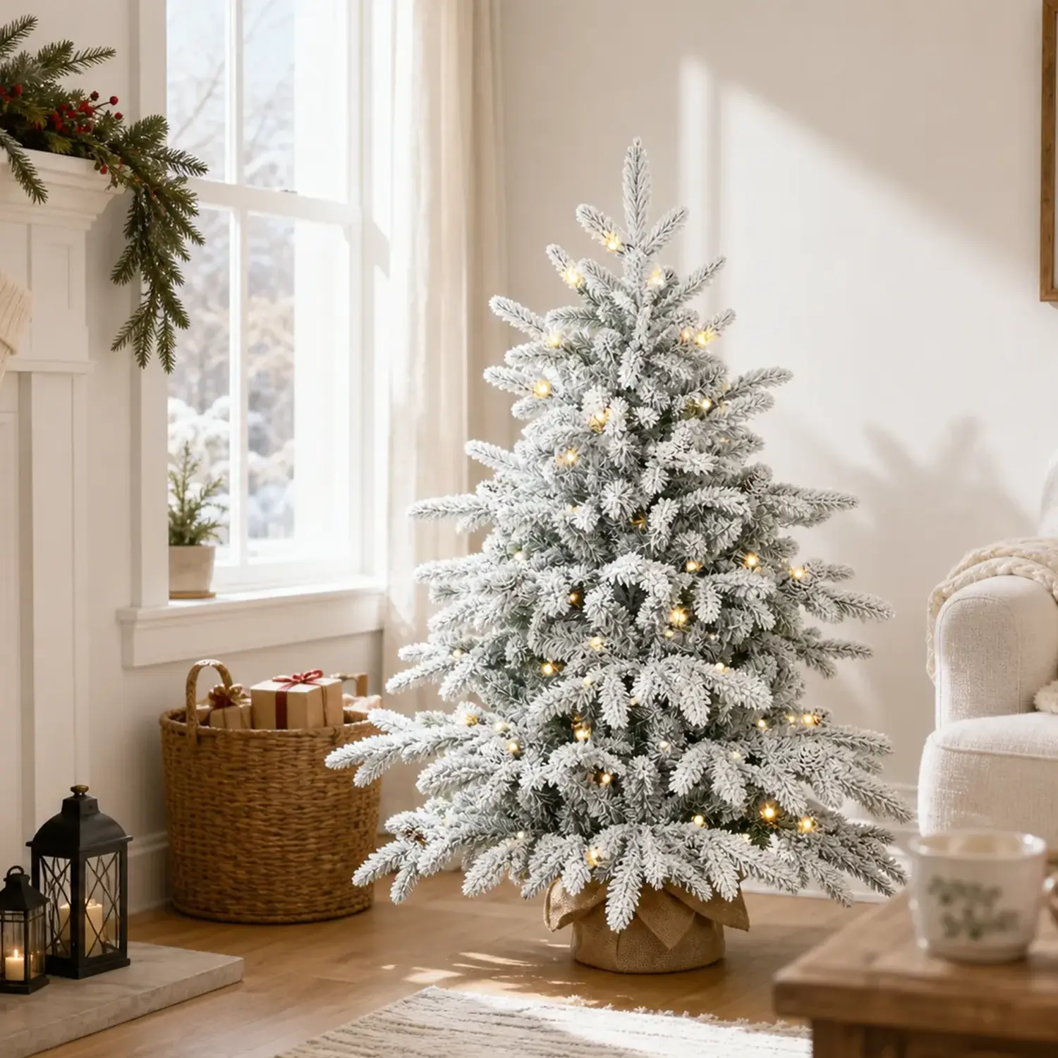 3FT Pre-Lit Snow Flocked Artificial Mini Tabletop Christmas Tree, Warm White & Multicolor LED Lights, Burlap Wrapped Base, PE & PVC Branch Tips, Small Space Holiday Decor
