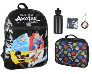 Nickelodeon Avatar The Last Airbender Characters Aang Zuko Katara Sokka 5 PC Backpack Lunch box Icepack Water Bottle Set 16"