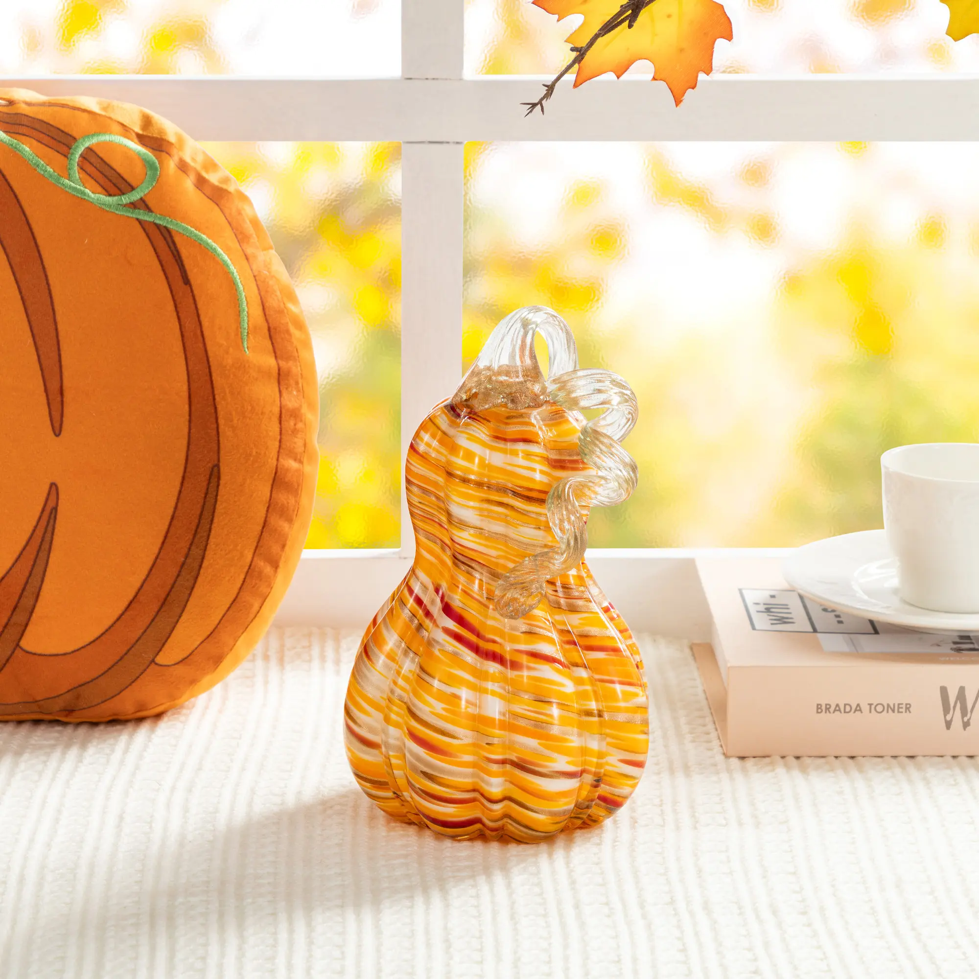 Glitzhome 8.5"H Glossy Modern Oval Glass Gourd Decor - Harvest Themed, Vibrant Multi-Stripes, Lifelike Leaf Accent, Drop-Proof for Home & Festive Decoration Supplies