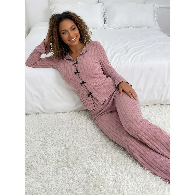 Women's Solid Lettuce Trim Top & Pants Loungewear Two-Piece Set, Casual Comfy Long Sleeve V Neck Top & Trousers PJ Set, Ladies Sleepwear for All Seasons