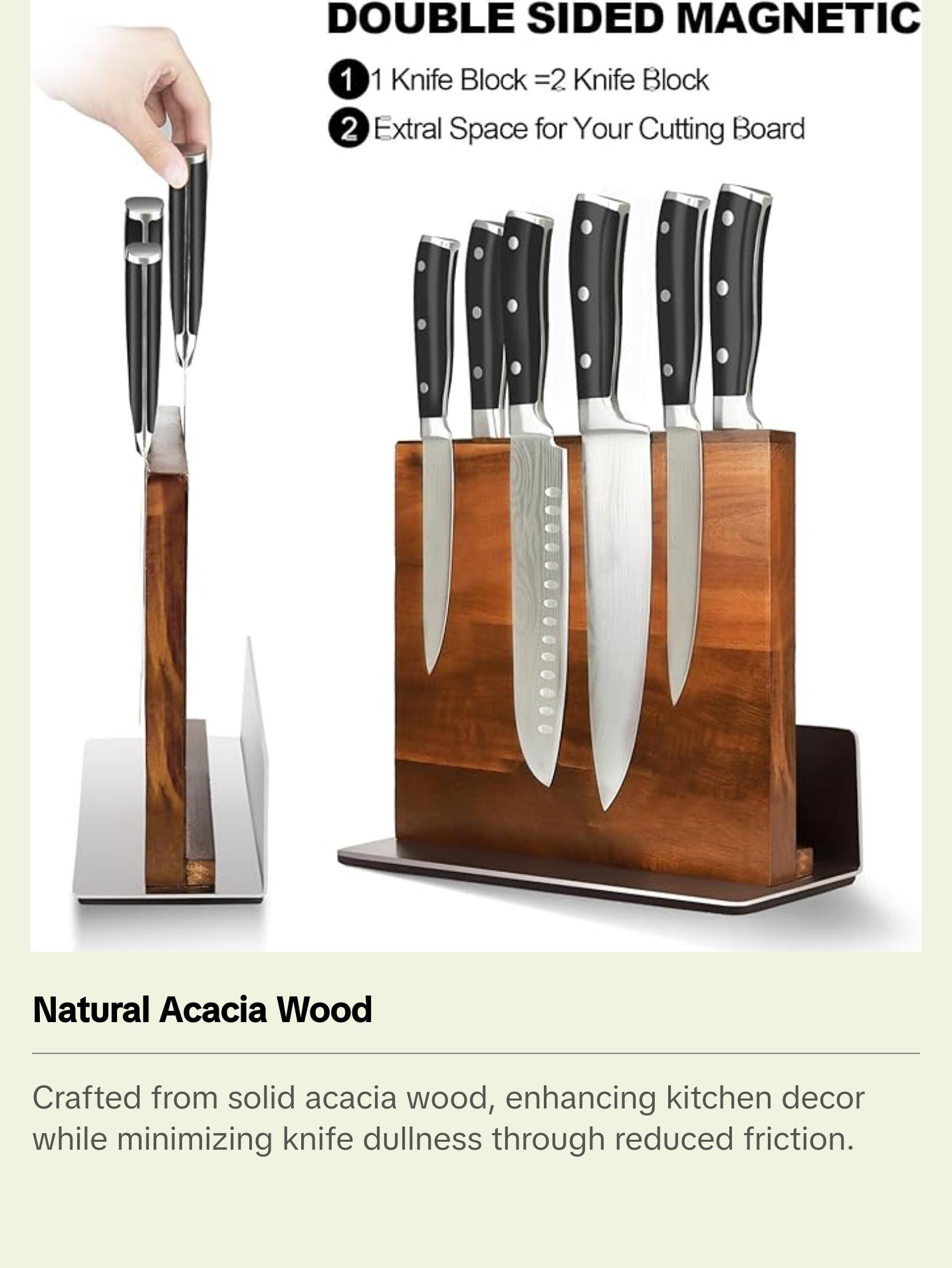 HOMIQUEEN Double Sided Magnetic Knife Stand with Stainless Steel Base, Strong Magnet Knife Block without Knives, Acacia Wood Kitchen Knife Block with Cutting Board Holder for Kitchen Counter