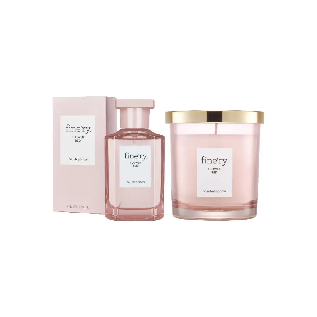 Fine'ry Flower Bed Bundle - 60ml EDP Perfume, 7oz Bamboo Wax Aroma Candle, Home Decor Supplies