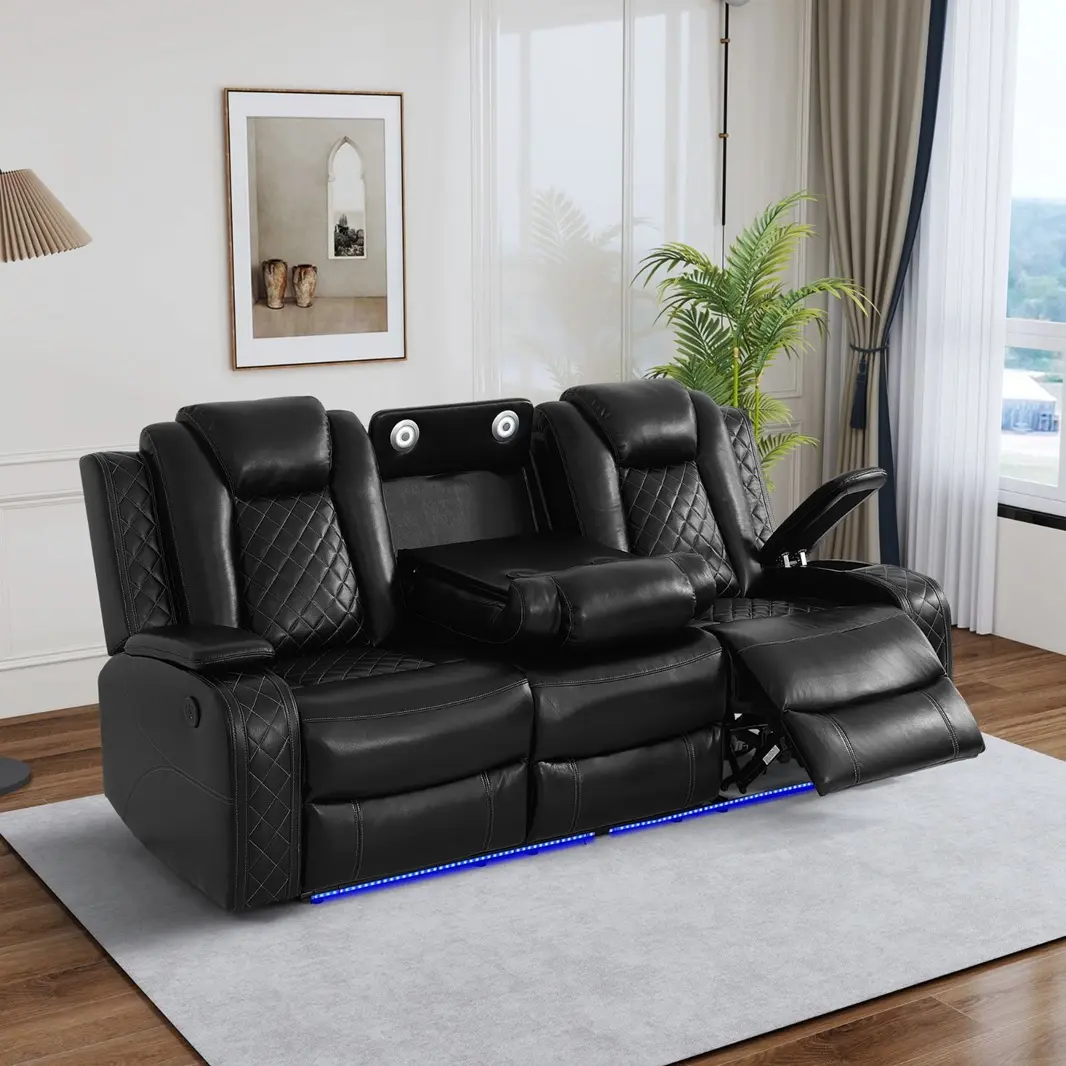 3-Seat Luxury Black Breathable PU Reclining Sofa, Indoor Home Theater Furniture with LED & Charge, Massage Features, Durable Seating, Three Seats