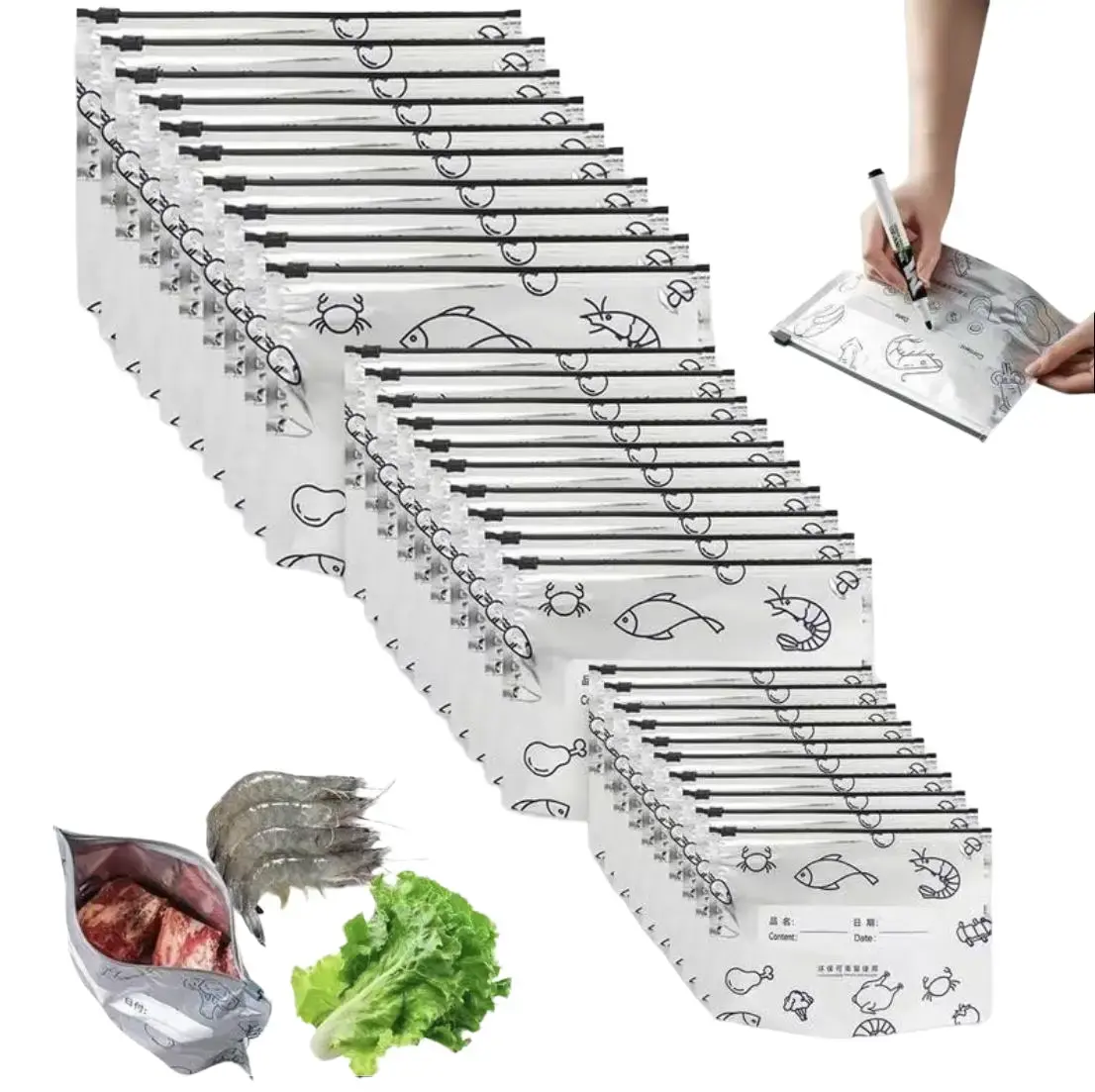 2026 New Reusable Aluminium Food Storage Bags - 30-Pack Labeled Zipper Stand-Up, Airtight, Waterproof, Freezeable, Eco-Friendly, 20cm/7.9in Home Organizer Kitchen Supplies Convenient for Home and Small Businesses,dorm essentials,home decor