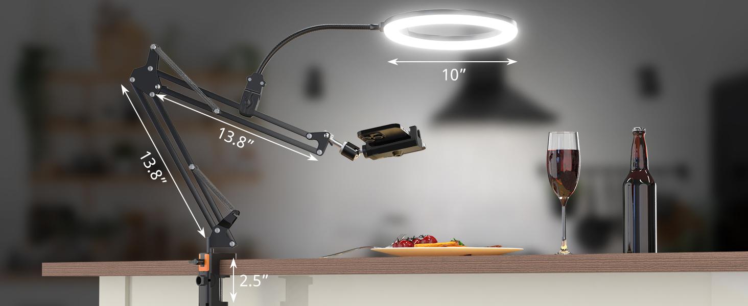 UBeesize 10" Ring Light Kit with Overhead Phone Mount, LED Selfie Light with Stand and Phone Holder, Desk Light for iPhone, Desk Tripod for Video Recording, YouTube, TikTok, Live Stream, Cooking, Vlog, Makeup, Nail Art & Drawing for Artists