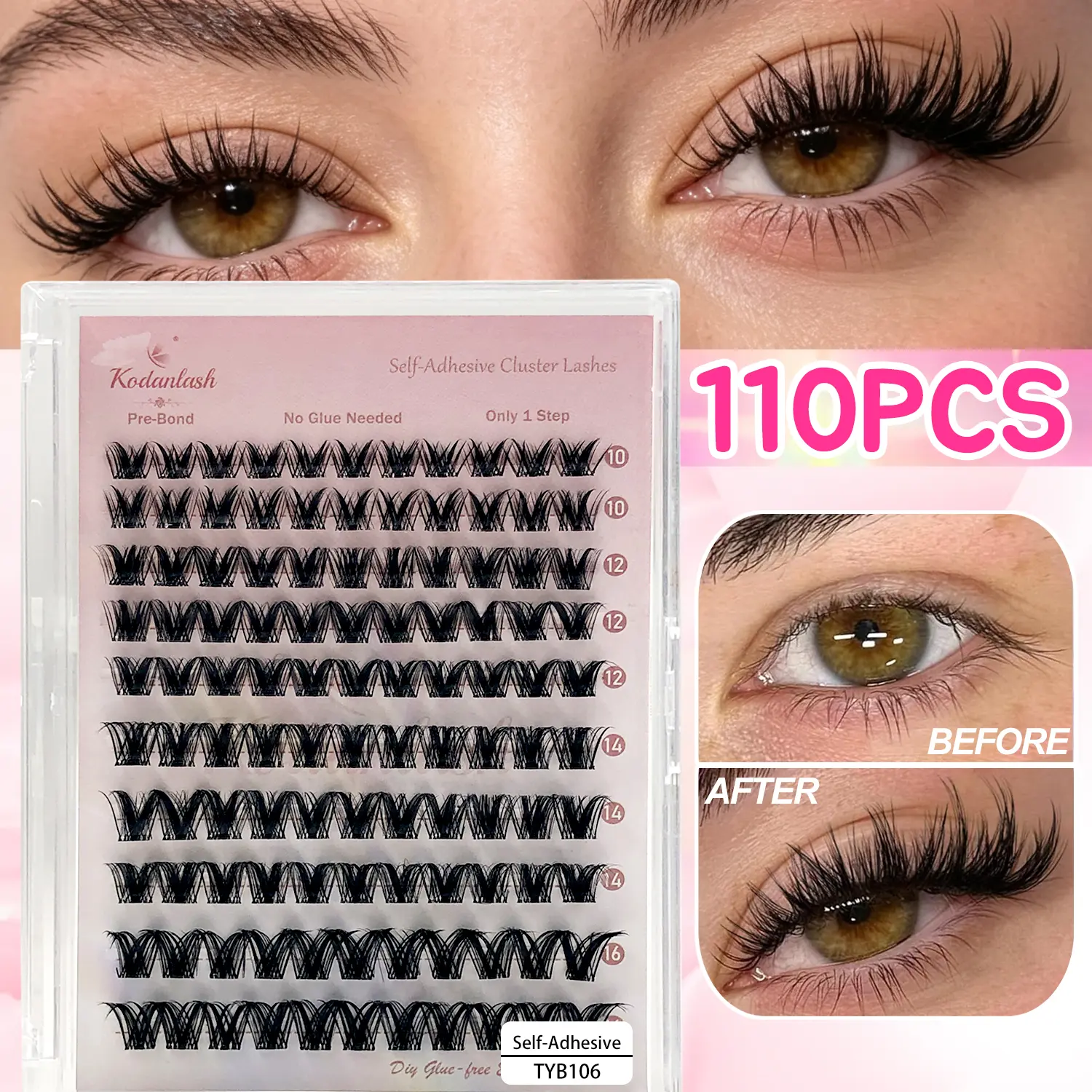 120pcs/110PCS Self-Adhesive Eyelash Clusters, D-Curl Voluminous & Wispy, 10-16mm Mixed Sizes Glue-Free DIY Pre-Glued Eyelash Clusters, Natural Soft Eyelash Clusters, No Glue Needed No Makeup Removal, Suitable For Beginners Daily Life Use extension