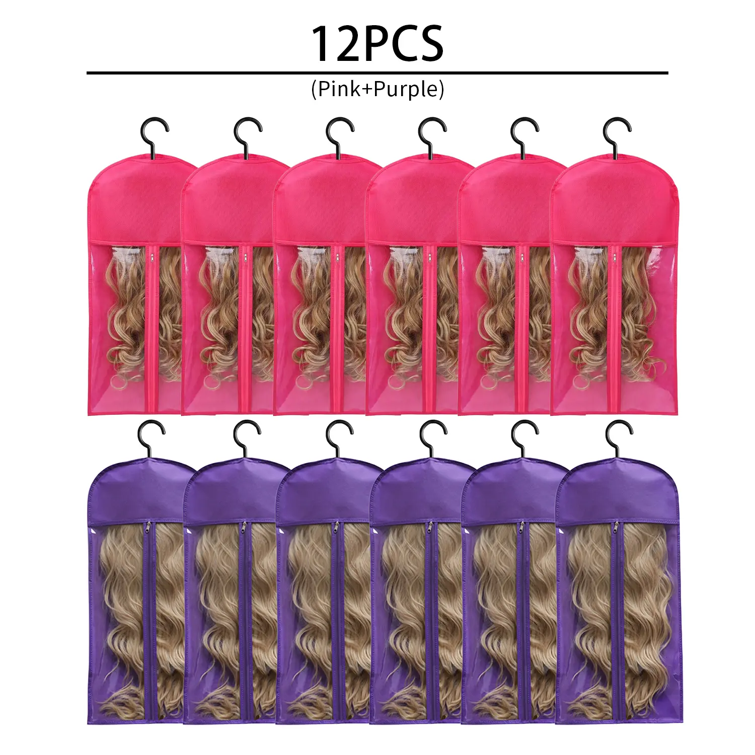 12pcs Hanging Wig Storage Bags - Dustproof, Waterproof, Breathable Organizers for Hair Extensions, Wavy Hair Styling, Easy-to-Carry for Home & Travel
