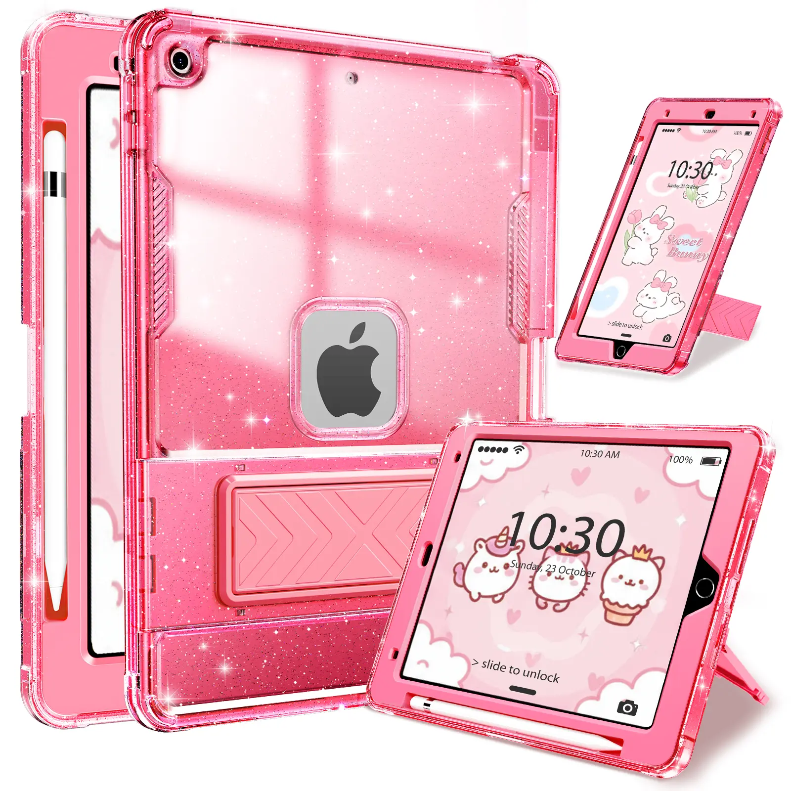INFILAND Cute 10.2" iPad Cover, Shockproof Casing for iPad 9th/8th/7th Gen (2021/2020/2019) with Glitter Finish, Kickstand, Pencil Holder, Landscape View, Tablet Protection Accessory for Girls, Accessories