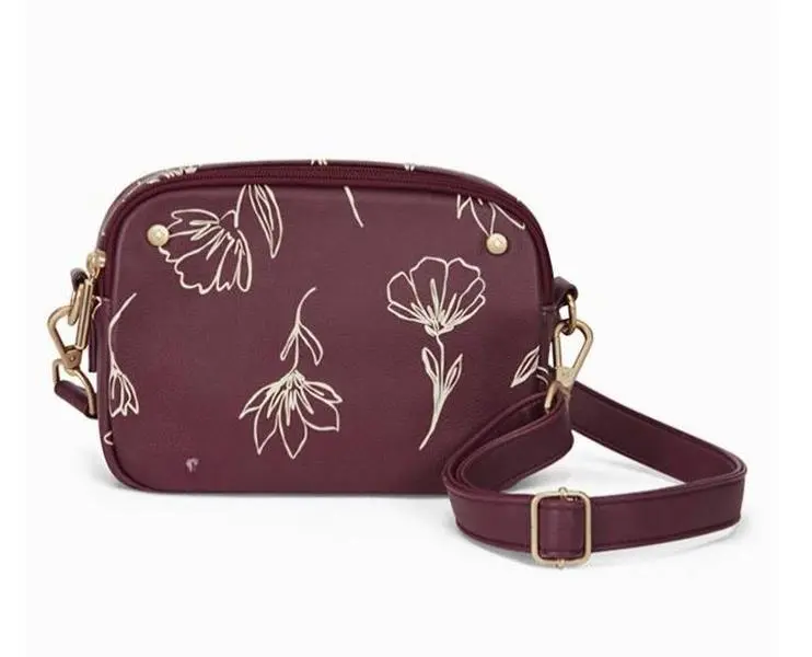 Thirty-One Purse Double-Zip Crossbody Bag - Sketched Floral Smooth Pebble